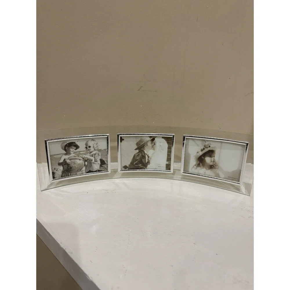 Curved Glass Triple Picture Frame 3 Photo Beveled Silver Desk Mantel Holder Bent